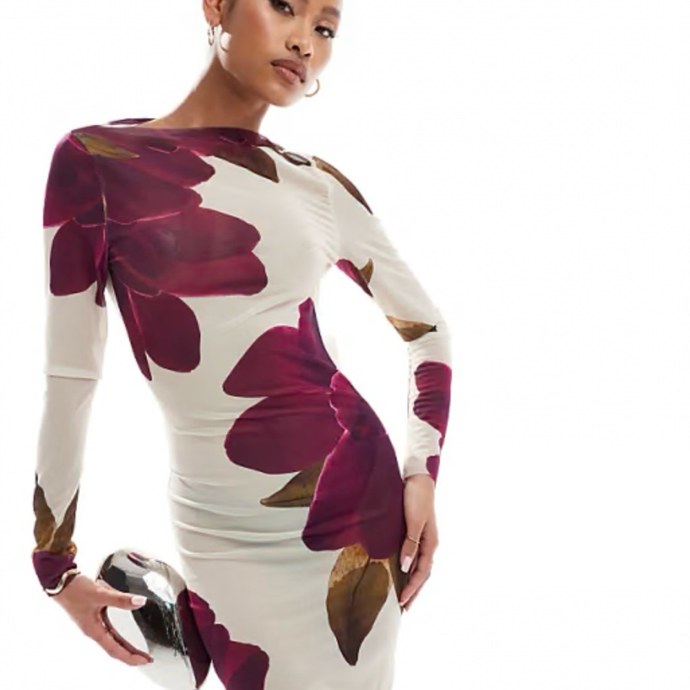 Elegant White Maxi Dress with Burgundy Floral Print